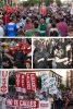 Aspecto de la plaza de Mariano Granados (arriba), bomberos en la manifestación, las 'viudas' de 'fallecida' sociedad del bienestar, y la cabecera de la marcha a la altura de la plaza de Herradores (abajo)