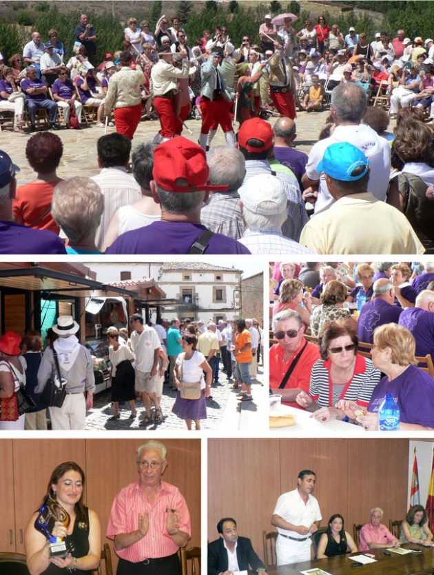 Actuación del grupo de danzantes de Casarejos (arriba); casetas de productos de la zona; comida; la alcaldesa de Garray recibe un regalo del presidente de la Federación de Casas de Soria; autoridades en la recepción realizada en el Consistorio