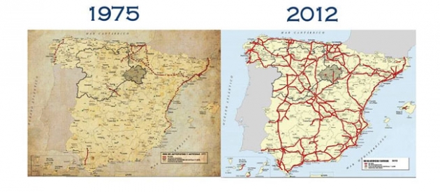 Comparacion de las infraestructuras entre 1975 y 2012. Soria sigue igual de aislada.