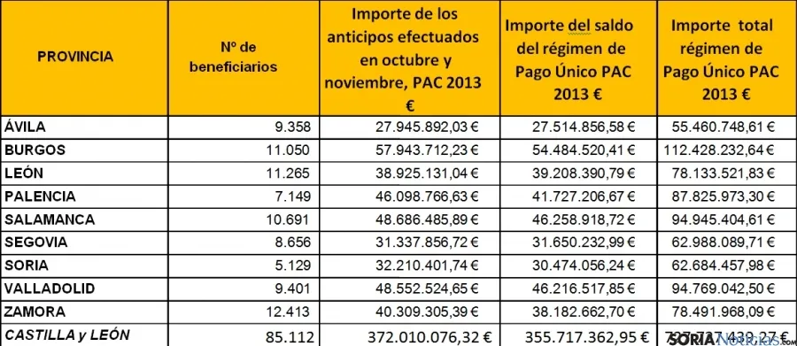 Cuadro provincializado de las ayudas.