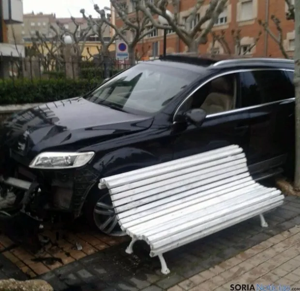 El coche, junto a un banco del paseo