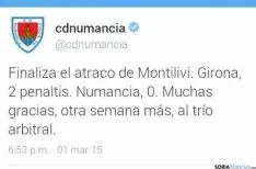 Tweet de la cuenta oficial del Numancia.