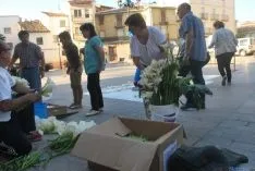 Los quintos del 65 preparan el tapiz floral para el Corpus Christi. / SN 