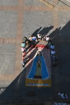 Los quintos del 65 preparan el tapiz floral para el Corpus Christi. / SN
