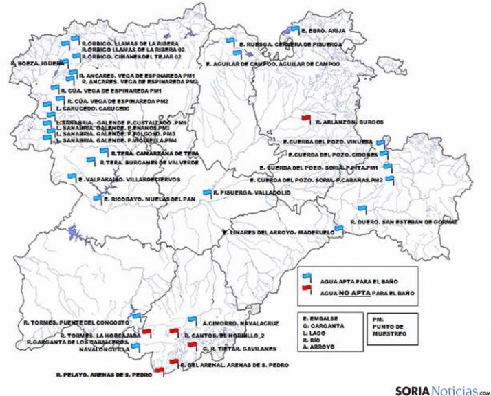 Mapa de las zonas de baño en la región. / Jta.