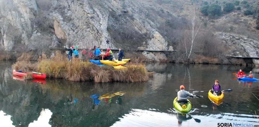 Los piragüistas sorianos esta tarde de Nochebuena en el Duero. 