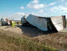 Camión volcado en la N-122, termino municipal de Aldealpozo. /Pedro Calavia