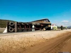 Camión volcado en la N-122, termino municipal de Aldealpozo. /Pedro Calavia