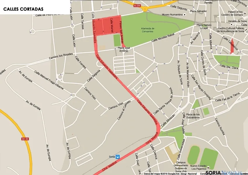Mapa con las calles cortadas de la ciudad