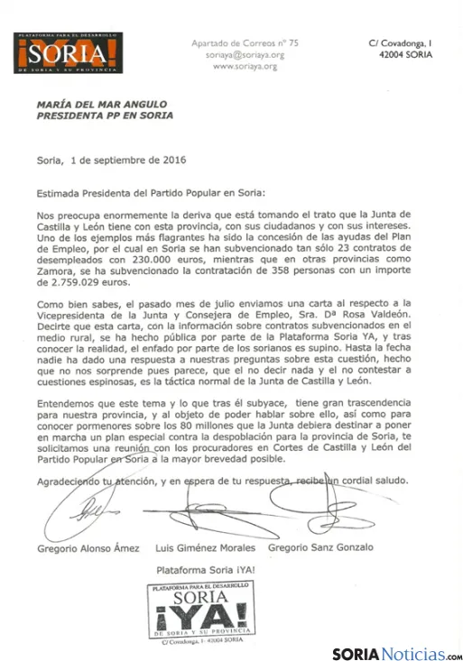 Carta completa de la plataforma !Soria Ya!.