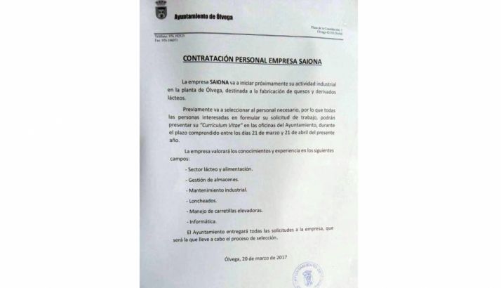 El anuncio del Ayuntamiento olvegueño. /SN