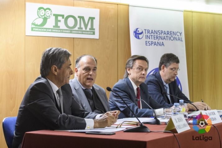 Javier Tebas, presidente de la LFP, en la presentación del informe.