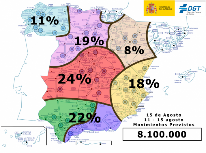 Mapa de la distribución de desplazamientos en España. / DGT