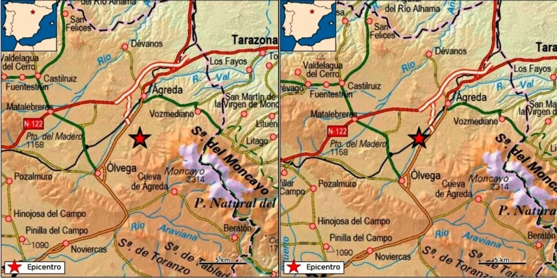 La localización de los seismos, (Ágreda, izda, y Ólvega). /IGN