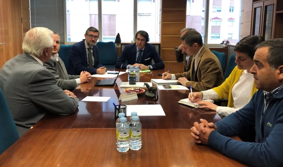 El consejero, en el centro, en la Mesa de la Madera. /Jta.