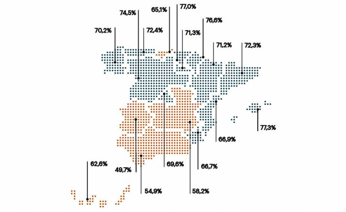 En azul, las comunidades que superan la media nacional. /Randstad