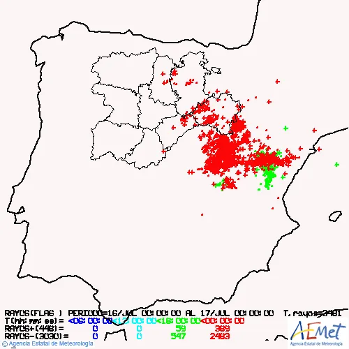 Mapa con la distribución de los rayos en las últimas horas.