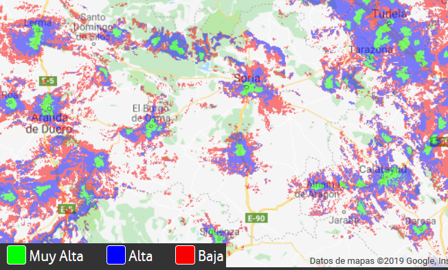 El mapa de cobertura de Vodafone en la provincia de Soria. /Vodafone