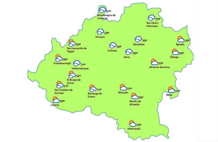 Mapa de la provincia a las 14:00 horas. /eltiempo.es