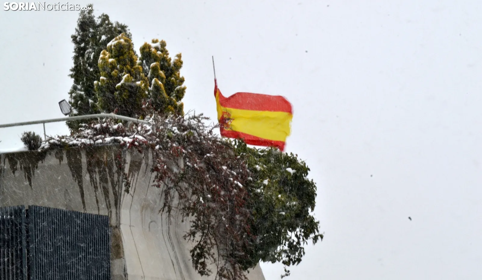 Una bandera ondea bajo la nevada en la capital hoy martes. /SN