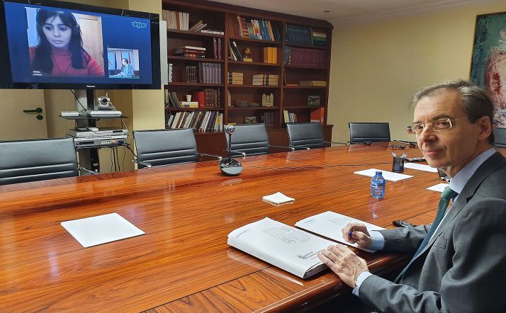 El consejero de Industria, durante la videoconferencia con representantes de los autónomos. 