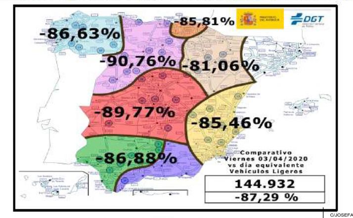 Mapa con los porcentajes en la reducción del tráfico de vehículos ligeros. /SdG