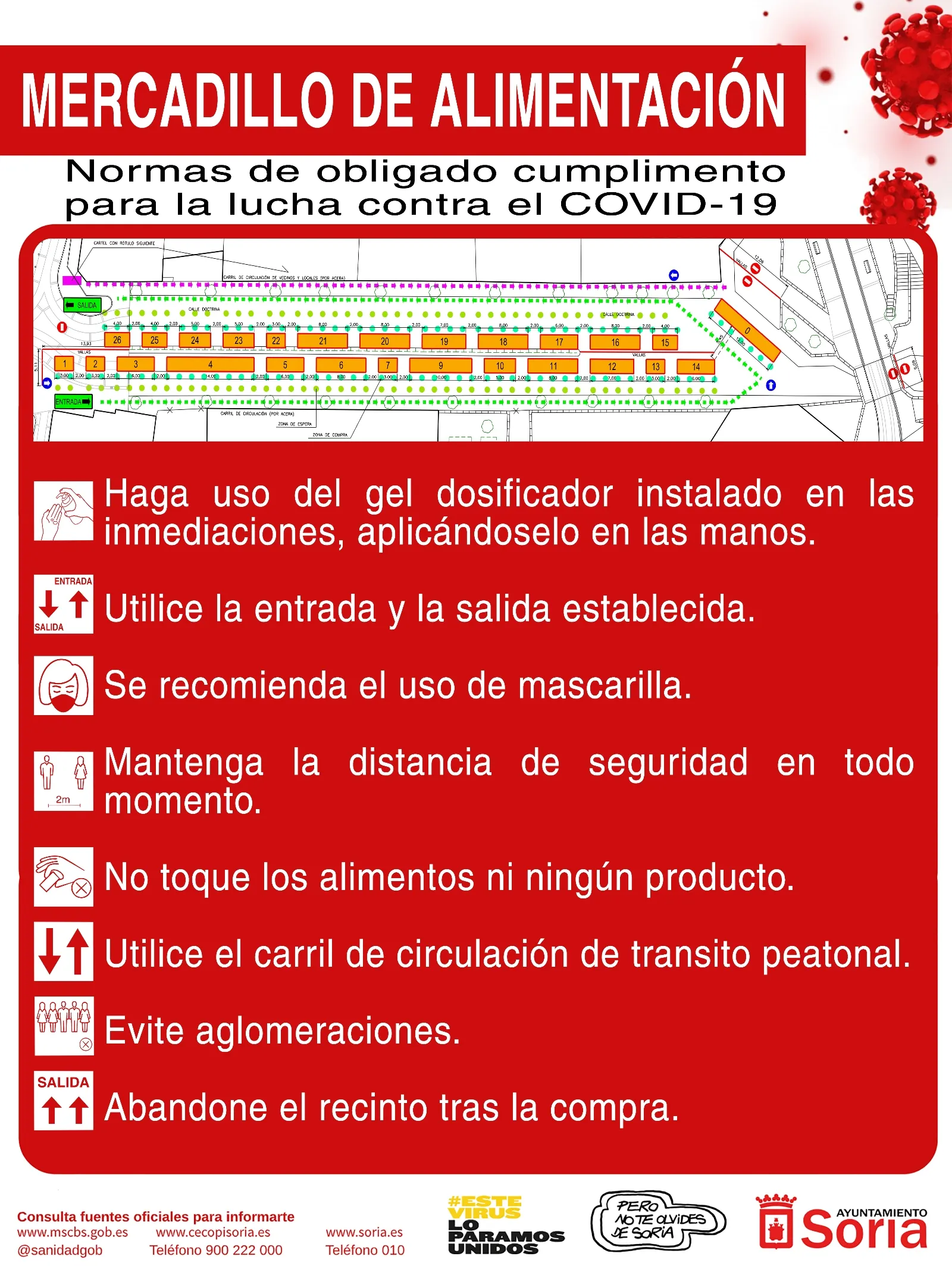 Las normas y el plano del mercadillo en su reapertura parcial. /Ayto.