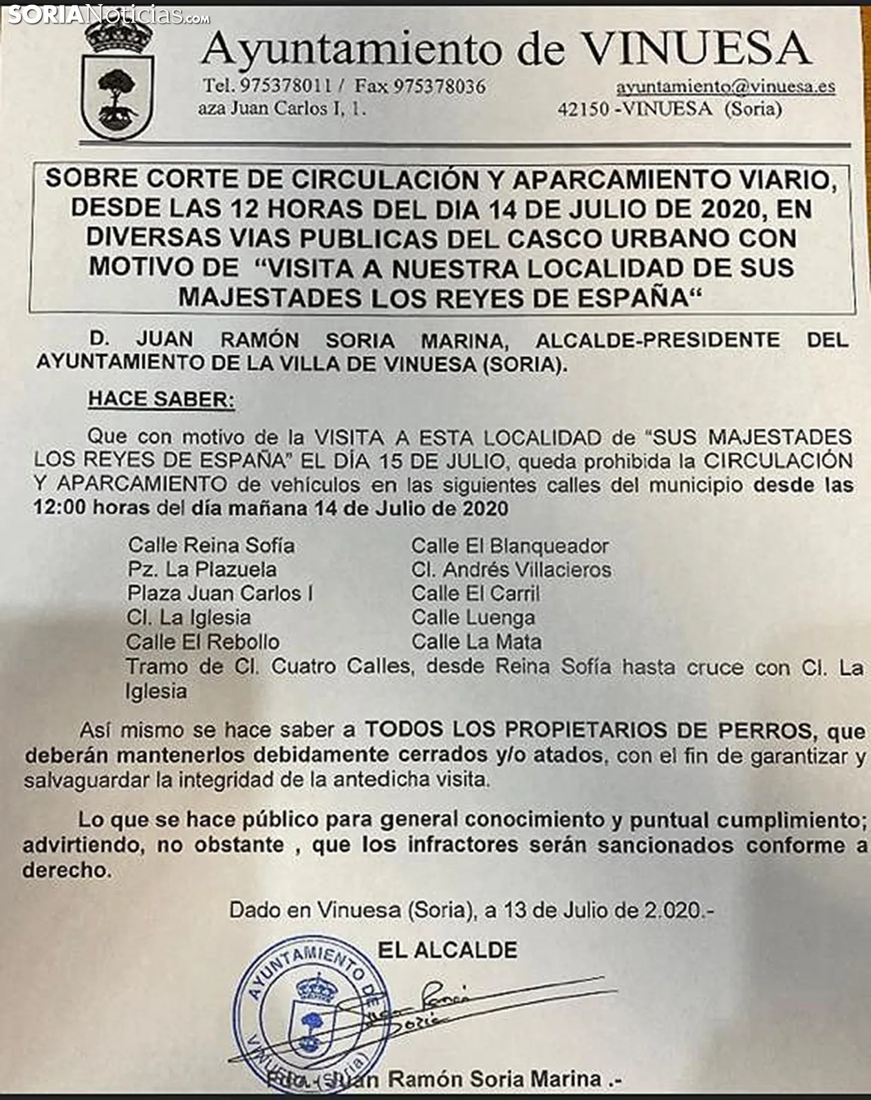 El bando emitido en Vinuesa ante la visita real. /SN