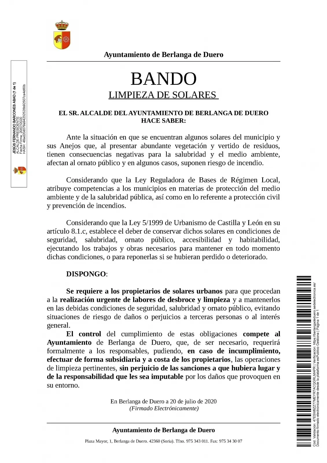 El bando de la Alcaldía berlanguesa. 