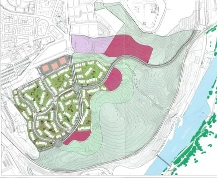 2020. Propuesta actual del propietario, en la que se cambian unifamiliares por edificios en altura. Las zonas moradas serían equipamientos municipales. El Ayuntamiento de Soria tiene previsto introducir cambios en esta propuesta
