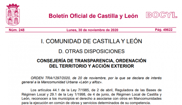 La declaración de interés general de la mancomunidad urbana León y alfoz, hoy en el Bocyl