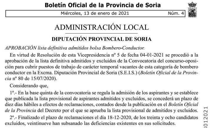 Resuelta la lista de admitidos y excluidos para la bolsa de trabajo de bomberos provinciales