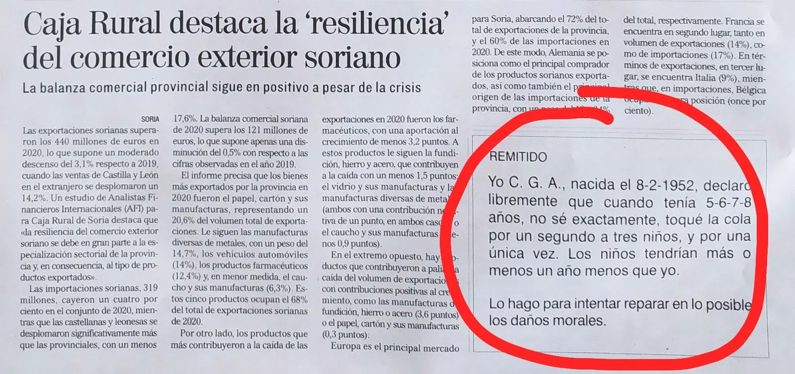 Foto 2 - "Yo declaro que toqu&eacute; la cola por un segundo a tres ni&ntilde;os": El surrealista anuncio de la prensa de Soria
