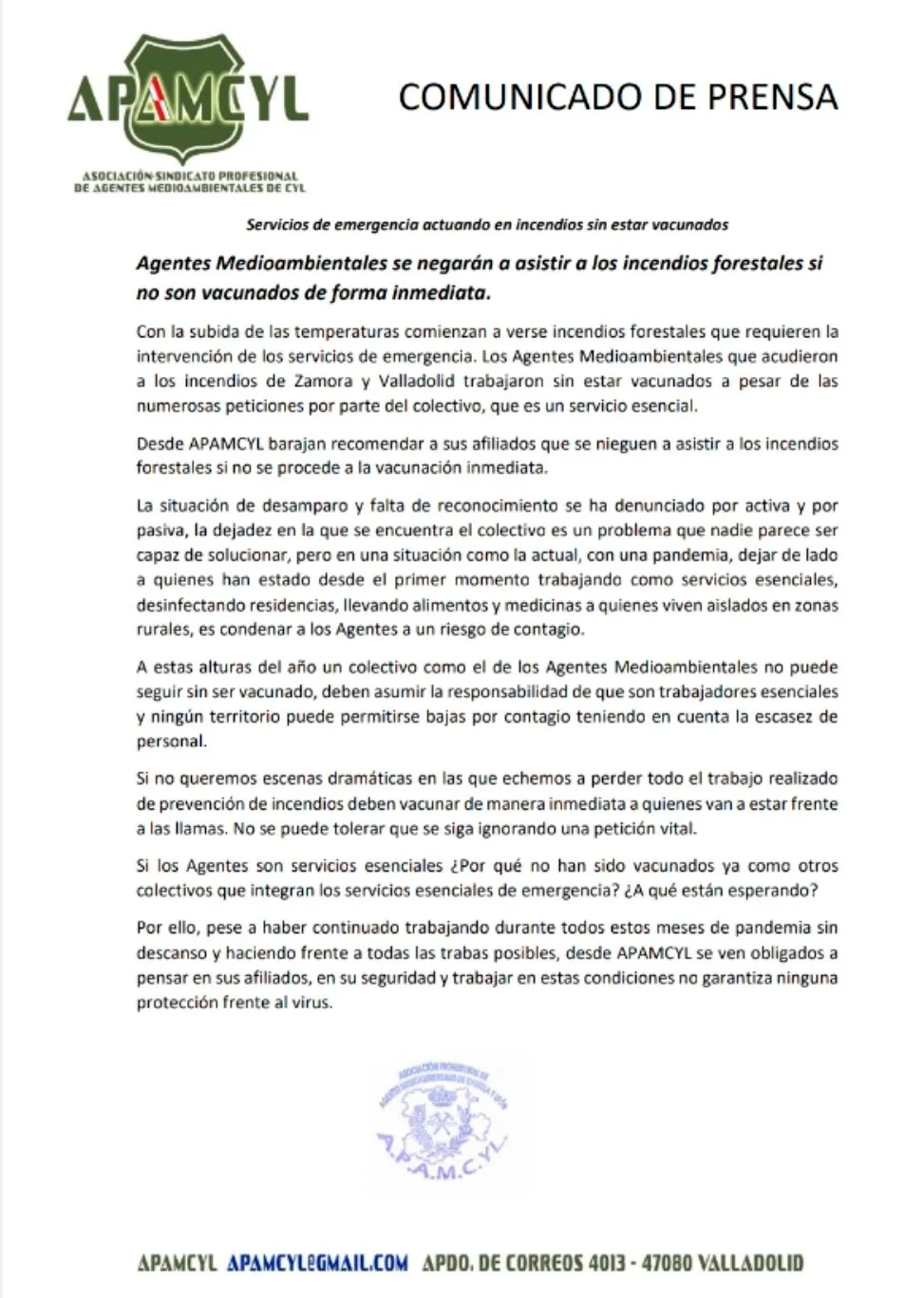 El comunicado emitido por APAMCyL.