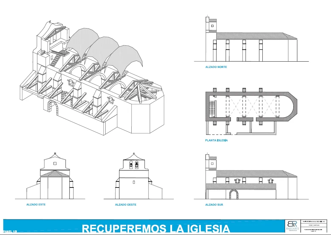 Imágenes de la iglesia, planos del proyecto y de la carta al Papa./ Foto: Asociación Amigos de Sarnago.