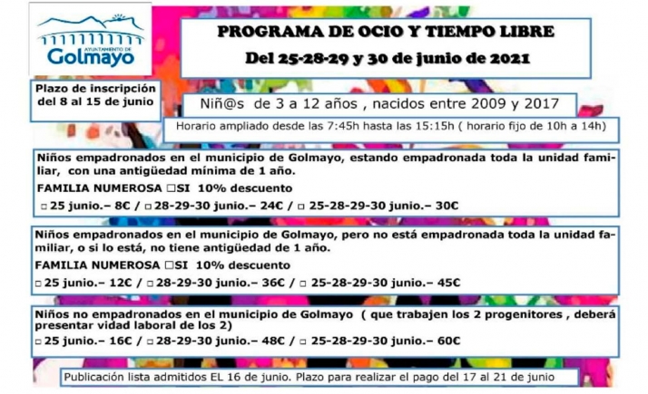 Abre la inscripción para el programa de ocio y tiempo libre de Golmayo