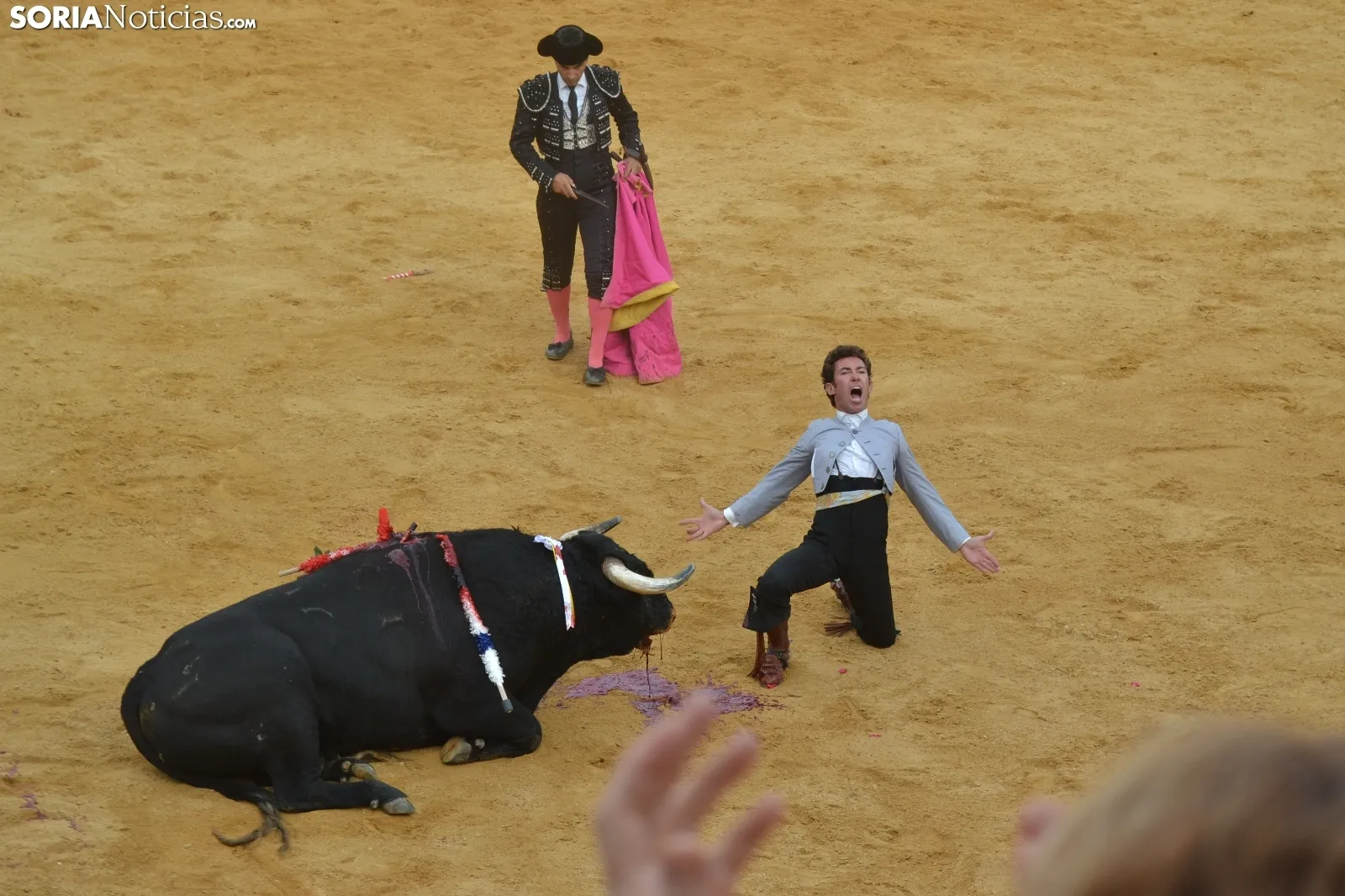 Una imagen de la tarde de rejones hoy domingo en San Benito. /SN