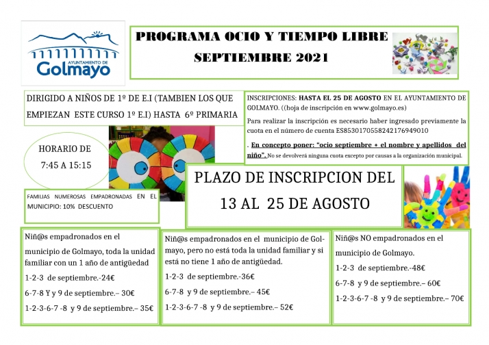 Abierto el periodo de inscripción para el programa de Ocio y Tiempo Libre de septiembre en Golmayo