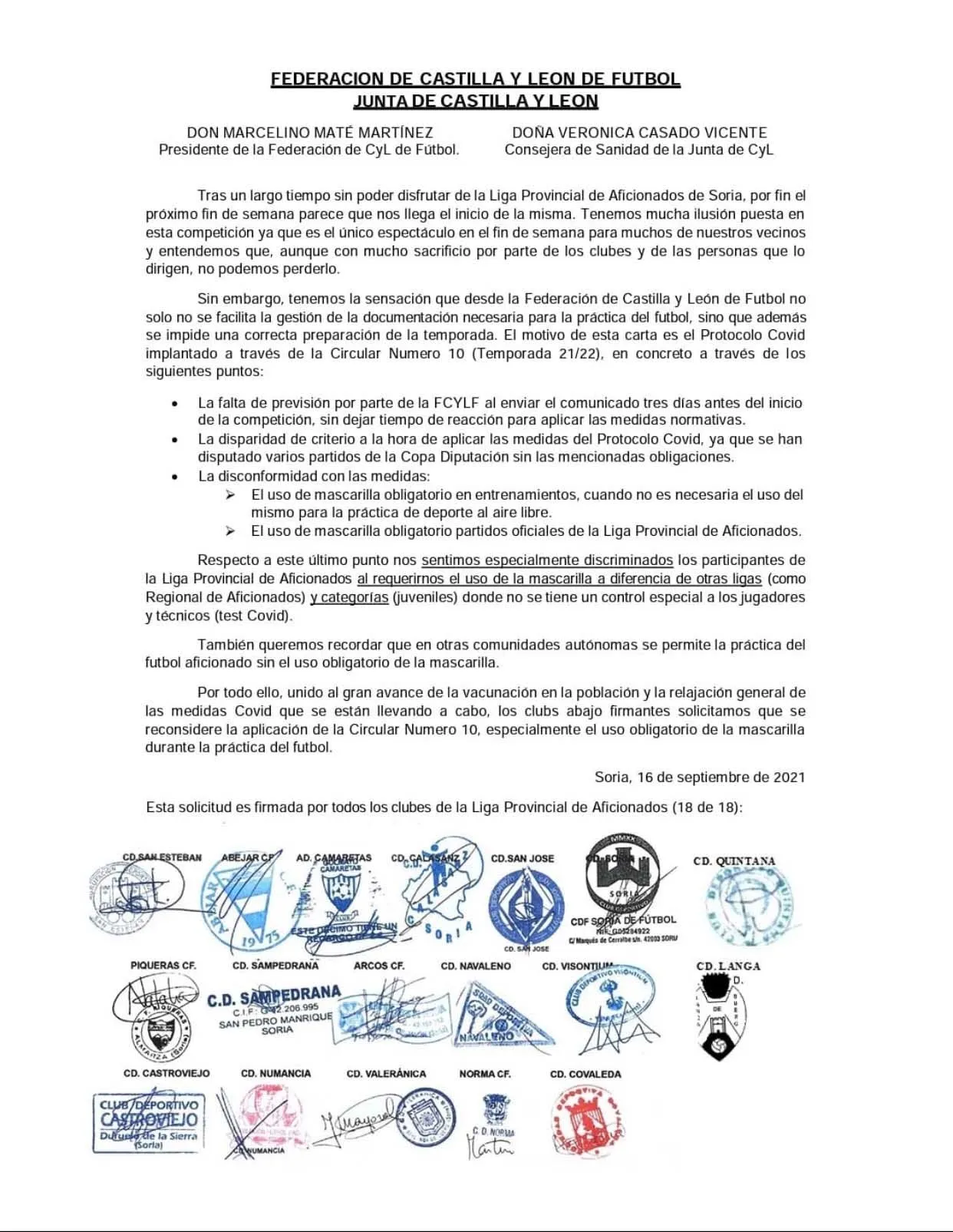 El documento con las rúbfricas de los clubes. 