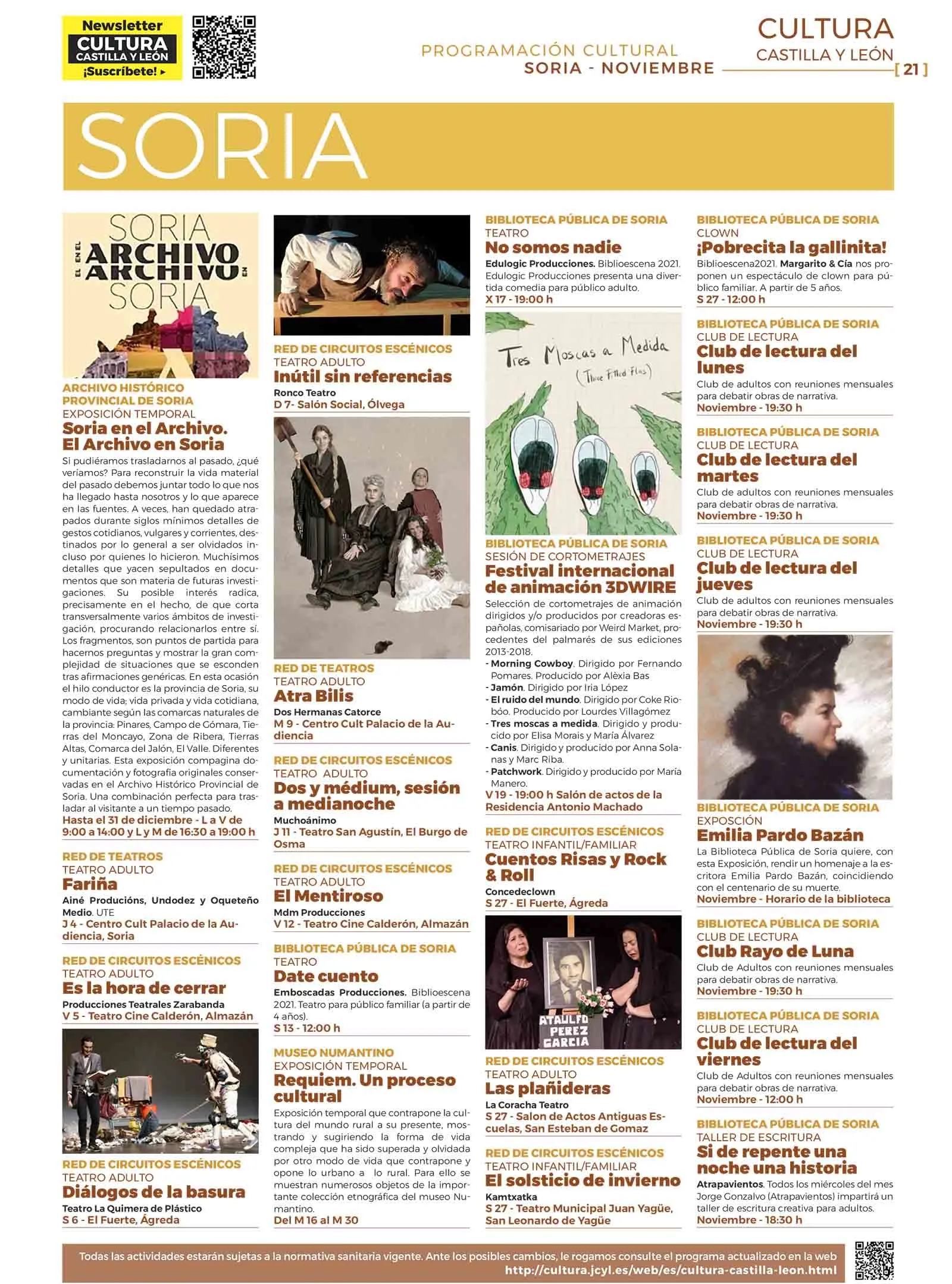 El programa cultural previsto en la Junta para Soria este noviembre. 