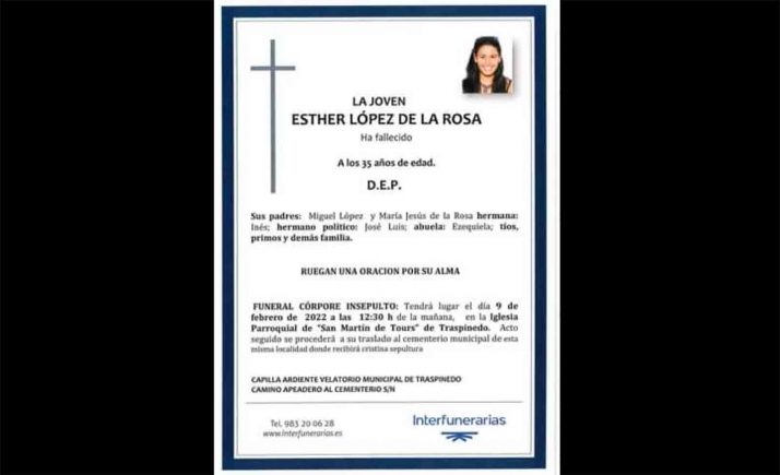 Esther López recibirá sepultura este miércoles
