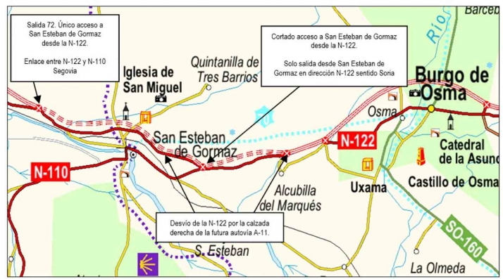 A partir del lunes, desvío provisional en la N-122 entre El Burgo y San Esteban