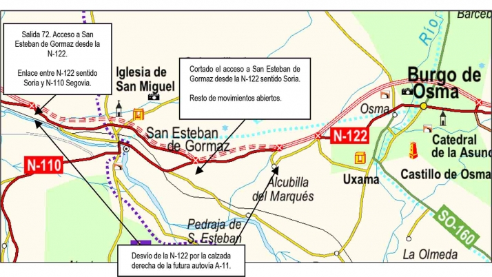 Desvíos en la N-122 por las obras de la A-11 entre El Burgo y San Esteban