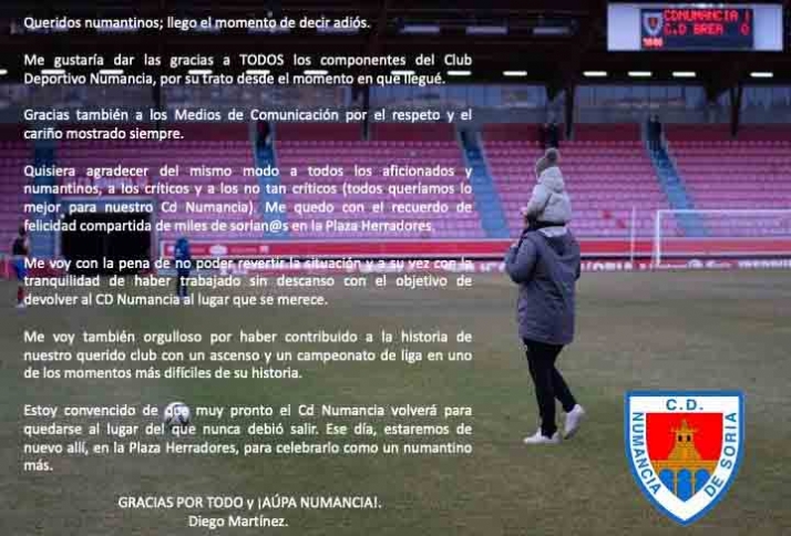 Diego Martínez dice adiós agradeciendo el cariño recibido en Soria