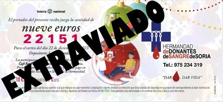 Perdido parte de un talonario de Lotería de Navidad de la Hermandad de Donantes de Sangre de Soria