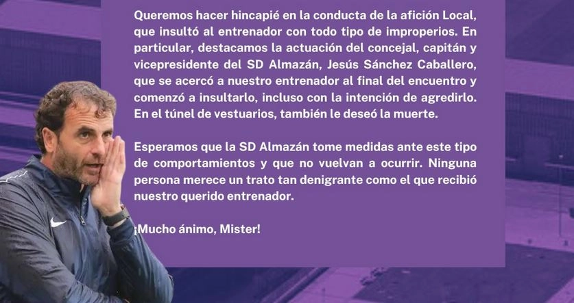 Vídeo | El Palencia CF denuncia insultos y deseos de muerte hacia Diego Rojas en su regreso a Almazán