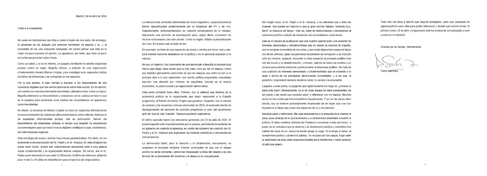 La carta publicada en el perfil de X de Pedro Sánchez Castejón. 
