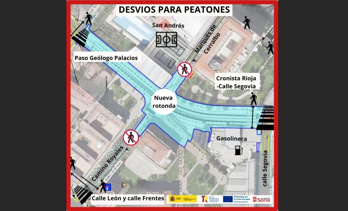 Así queda el desvío peatonal por las calles Cronista Rioja, Geólogo Palacios, León y Frentes por las obras en Eduardo Saavedra