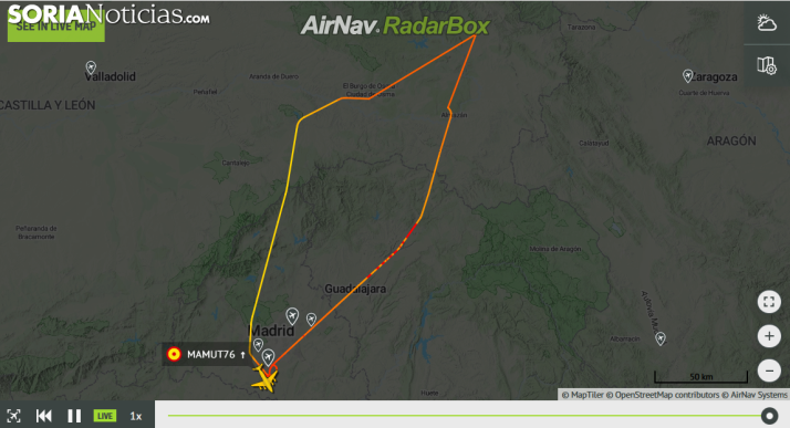 Imagen del vuelo registrado ayer por radarbox.com. /SN