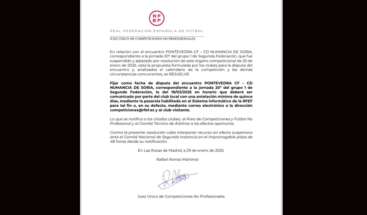 El Pontevedra - Numancia se jugará el 19 de marzo